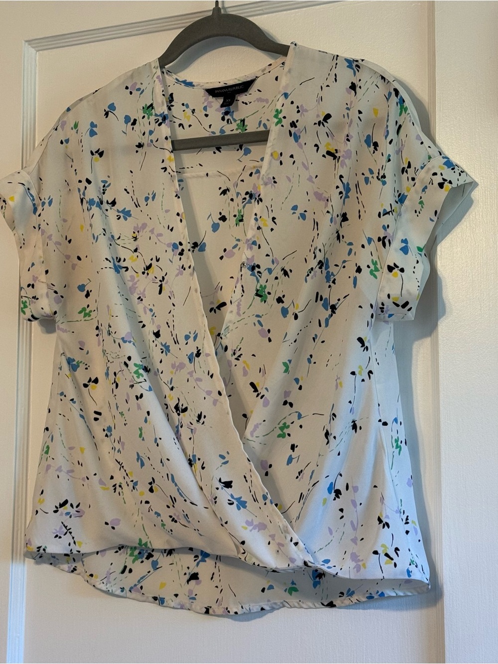 Banana Republic White Floral Faux Wrap Blouse with Multicolor Print